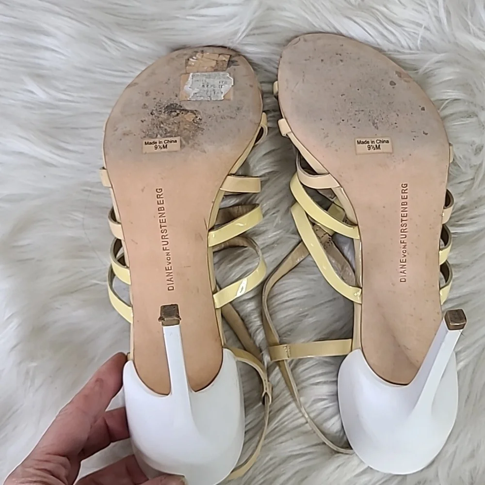 Diane von Furstenberg High Heel Sandals Size 9.5 Beige Patent Leather Sexy Shoes - Picture 5 of 13